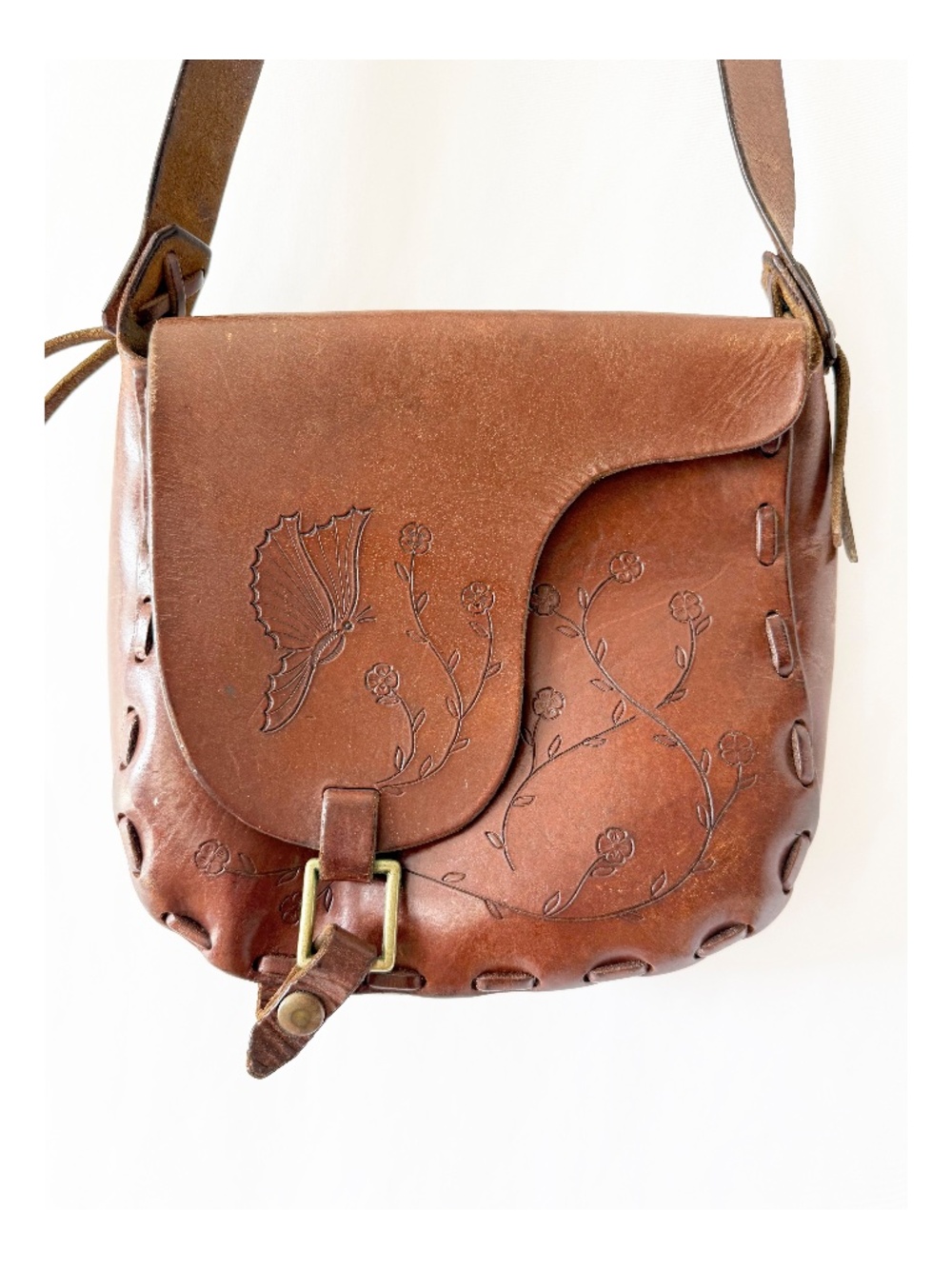 Vintage 1960s Tooled Leather Purse Butterfly and Flowers
